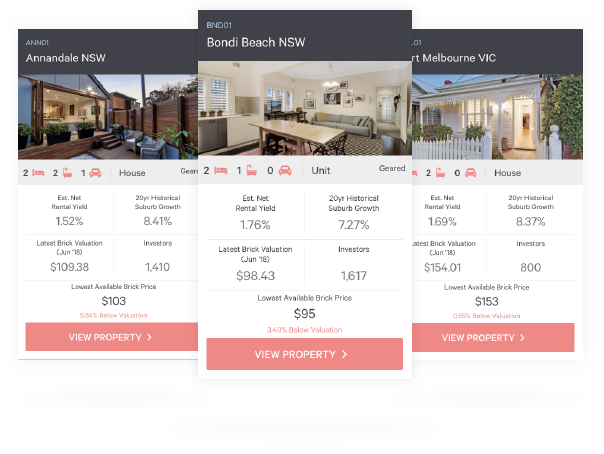 3 property cards of current BrickX properties