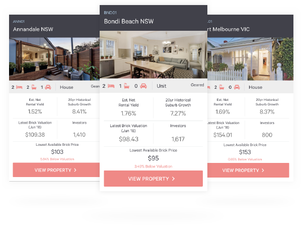 3 property cards of current BrickX properties